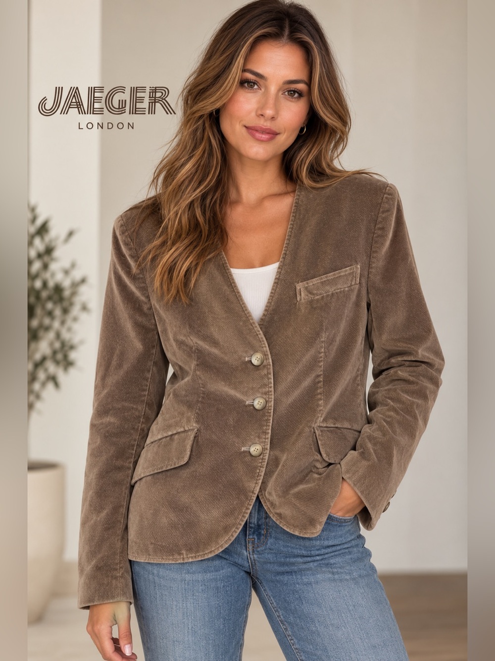 Jaeger Collarless Cotton Velvet Blazer Beige/Tan Size 12